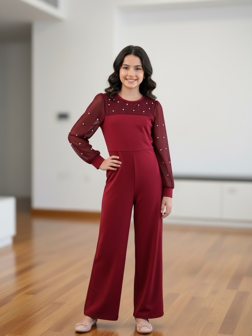 Girls' Burgundy Wide-Leg Jumpsuit with Sheer Sleeves